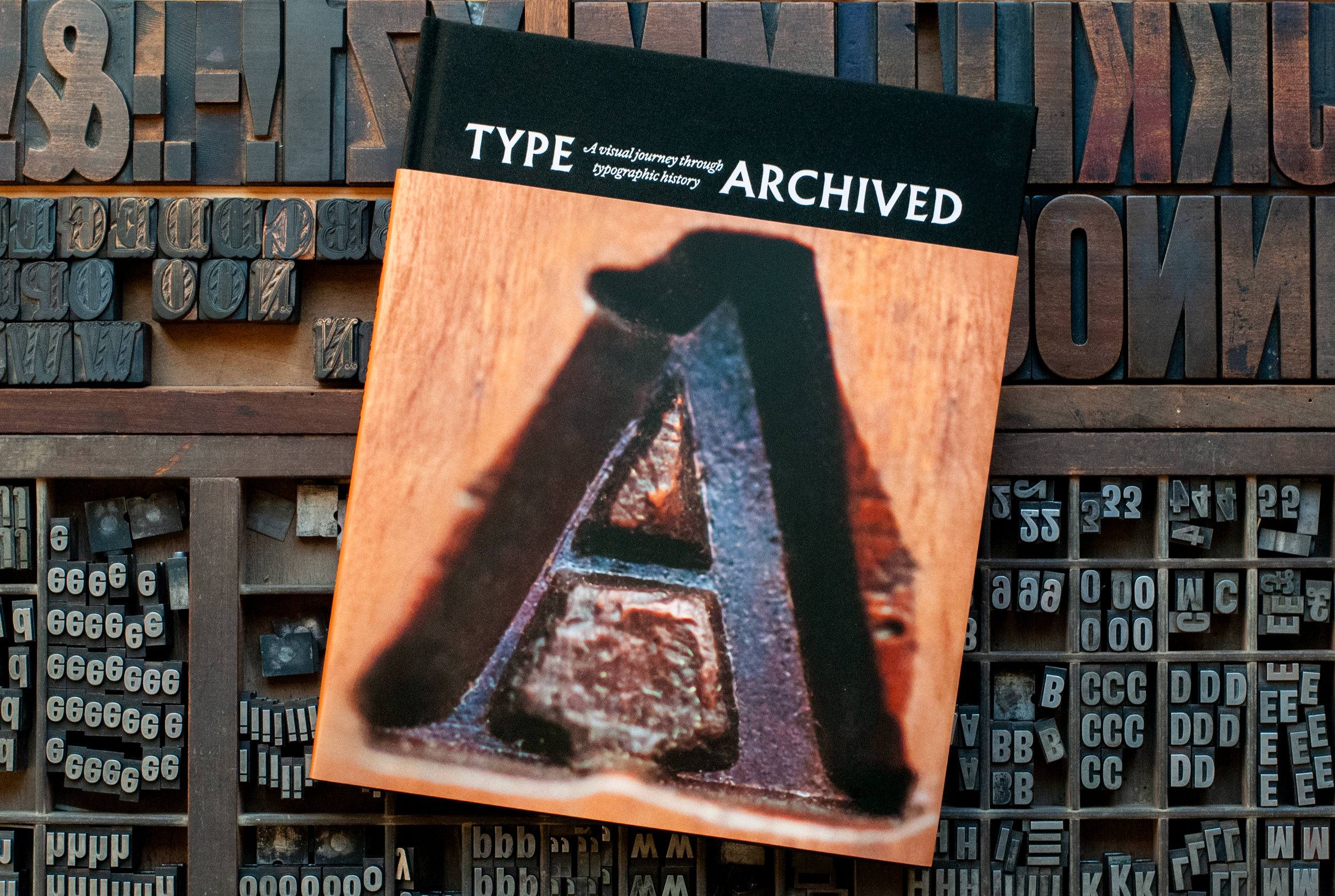 Copy of Type Archived (by Richard Ardagh) positioned against a background of letterpress blocks (alphabet)