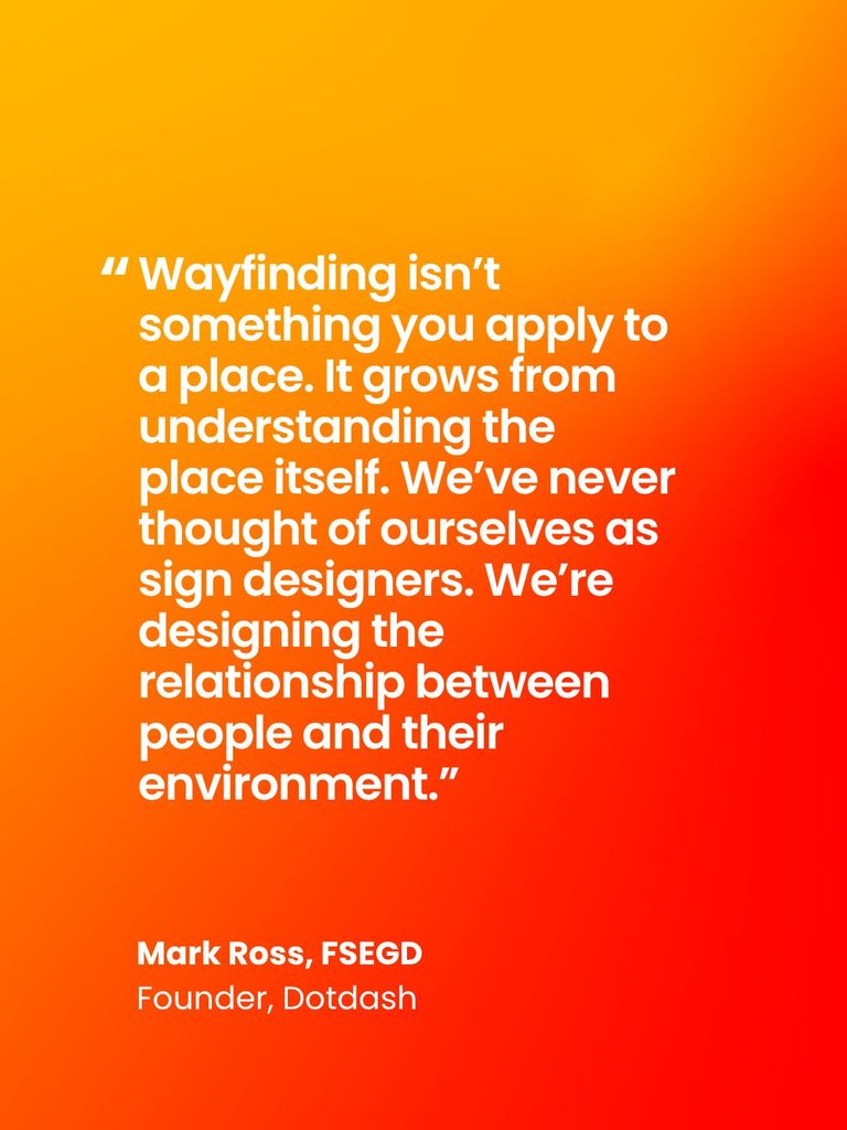 A quote displayed in white text on an orange‑to‑red gradient background reads: "Wayfinding isn't something you apply to a place. It grows from understanding the place itself. We've never thought of ourselves as sign designers. We're designing the relationship between people and their environment."
