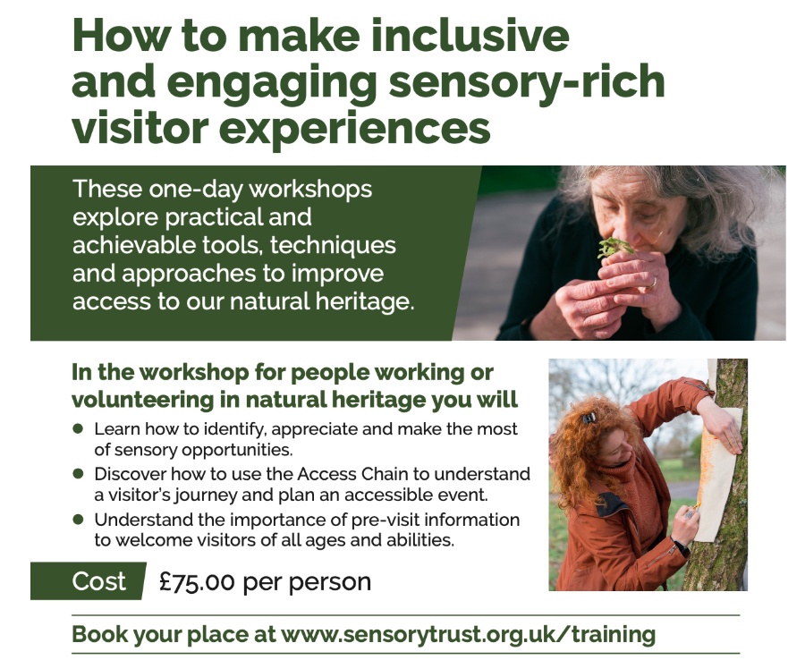 Image for upcoming AHI Inclusivity for Heritage Workshops taking place in SW England in June and July '26. Showing info about the workshop, an elderly lady holding a plant (herb?) up to her face to smell, and a younger woman (in a separate photo), doing a bark rubbing against a tree.