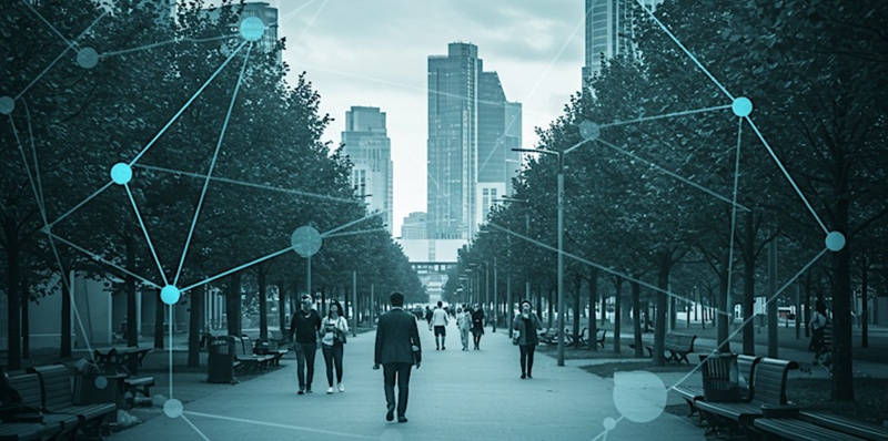 Black & white photo of people walking in an urban park (skyscrapers visible in the distance), with AI 'grid' mapping overlaid