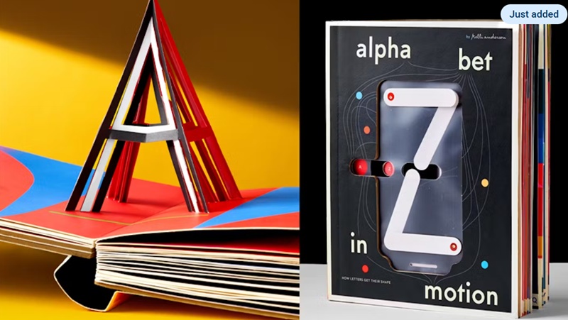Front cover of 'Alphabet in Motion' by Kelli Anderson, juxtaposed with photo of one page from the book, a 3D 'pop-up' letter A.