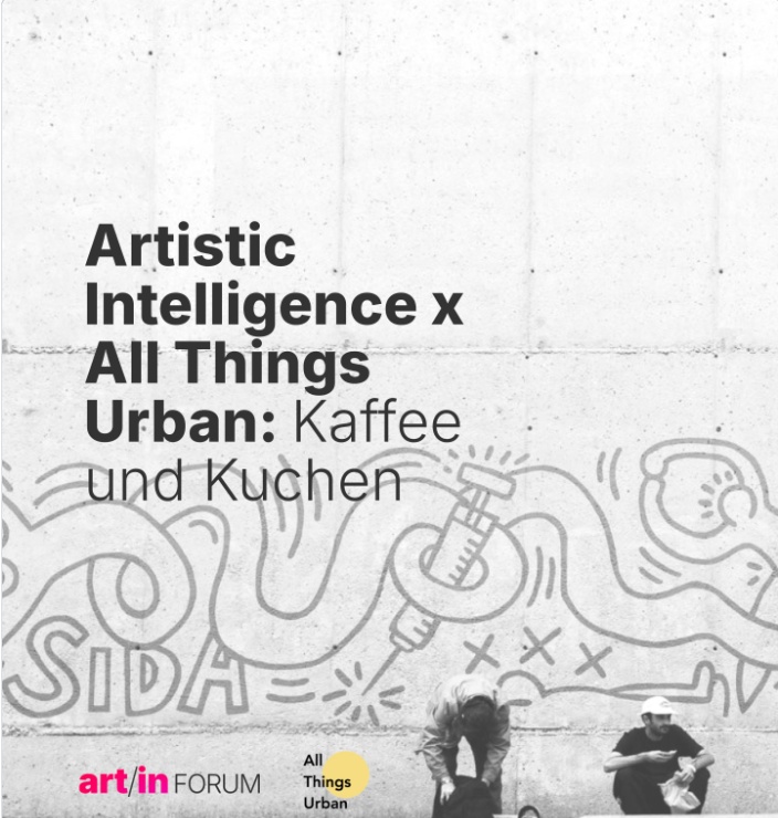 Promotional image for upcoming 17 April informal meet up in Berlin, on 'Artistic Intelligence X: All Things Urban' Photo shows two men leaning crouching against a graffiti covered concrete wall
