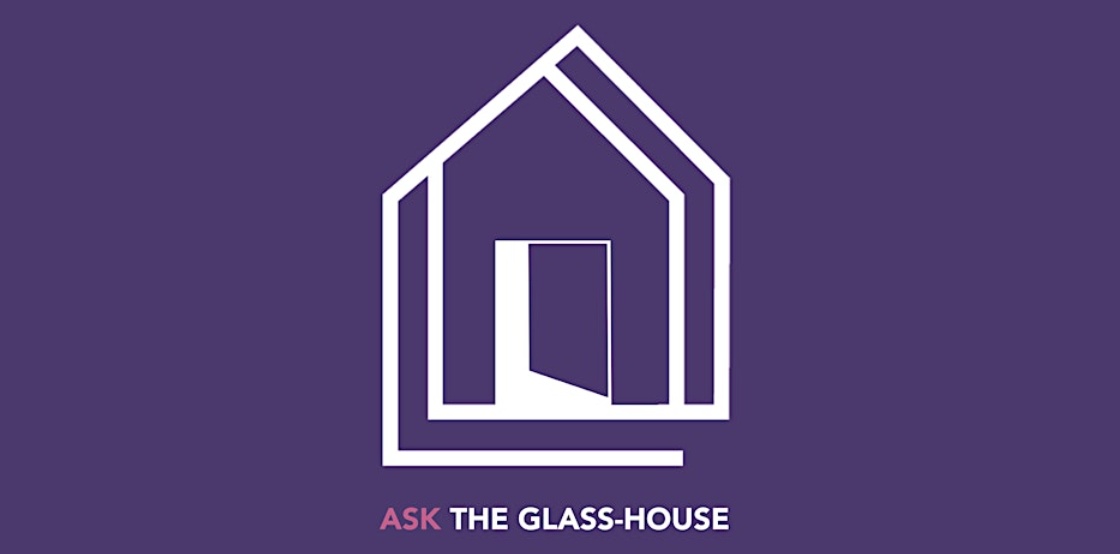 White outline of a simple house against a purple background