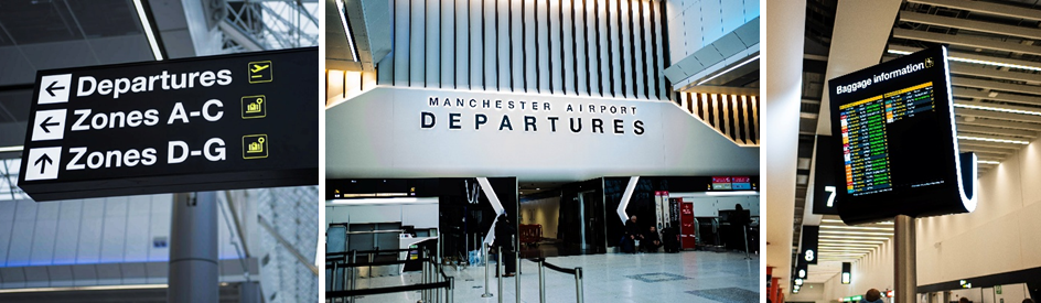 Composite image showing three views of signage for Manchester Airport by Astra Group