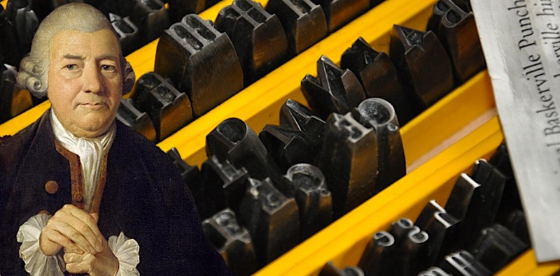 John Baskerville (painted) superimposed over metal print blocks