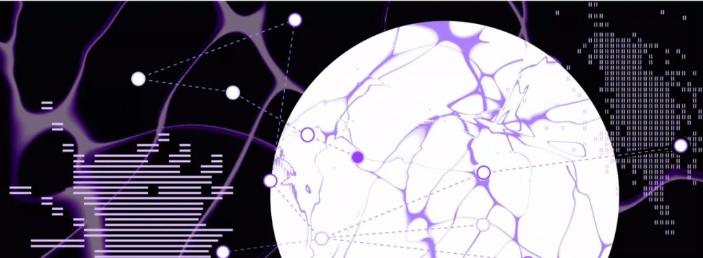 Abstract digital illustration of a globe with purple neural‑like connections and surrounding data nodes on a dark, tech‑themed background.