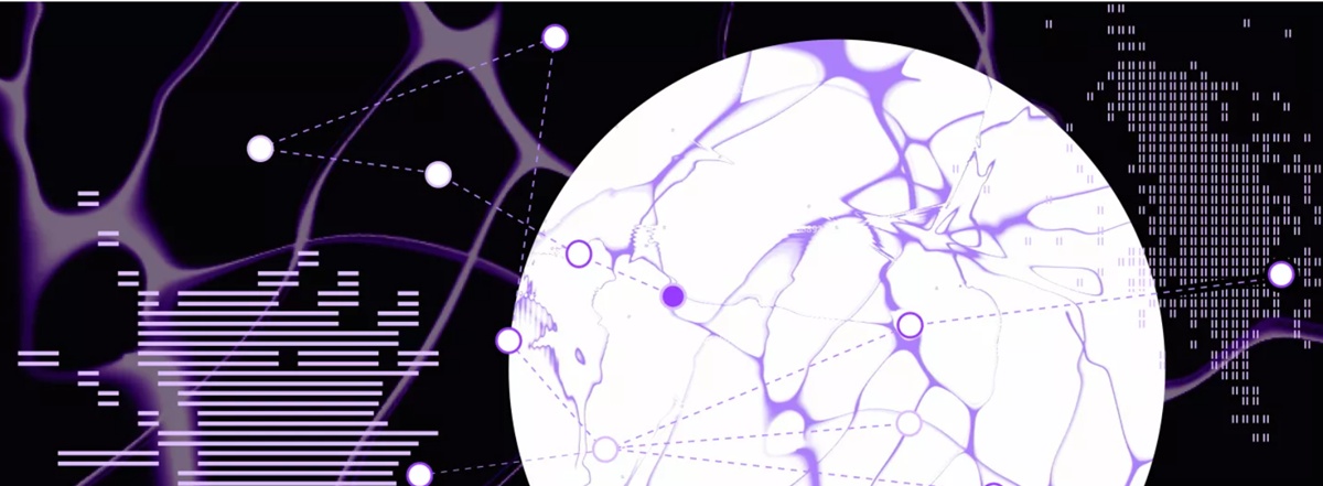 Abstract digital illustration of a globe with purple neural‑like connections and surrounding data nodes on a dark, tech‑themed background.