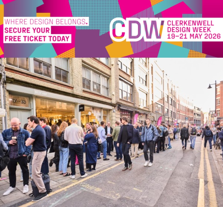Promotional image for Clerkenwell Design Week 2026 showing crowds of casually dressed people standing around outside on an unspecified Clerkenwell road in the afternoon / early evening