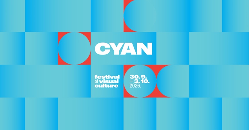 Geometric cyan‑and‑red poster for the CYAN Festival of Visual Culture, showing dates for 2026.