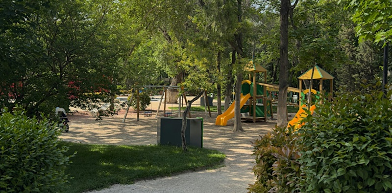 Children's treed playground viewed from the exit / entrance point