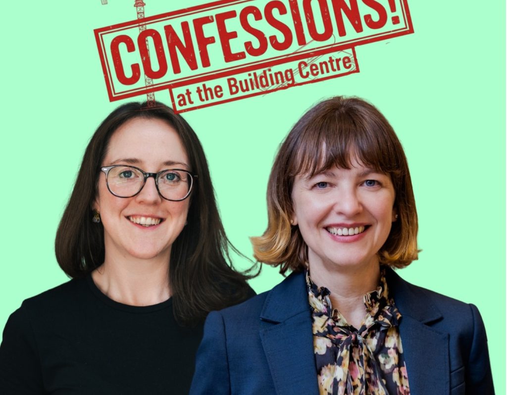 Promotional graphic for “Confessions! at the Building Centre” featuring two women speakers against a pale green background beneath a bold red event title.