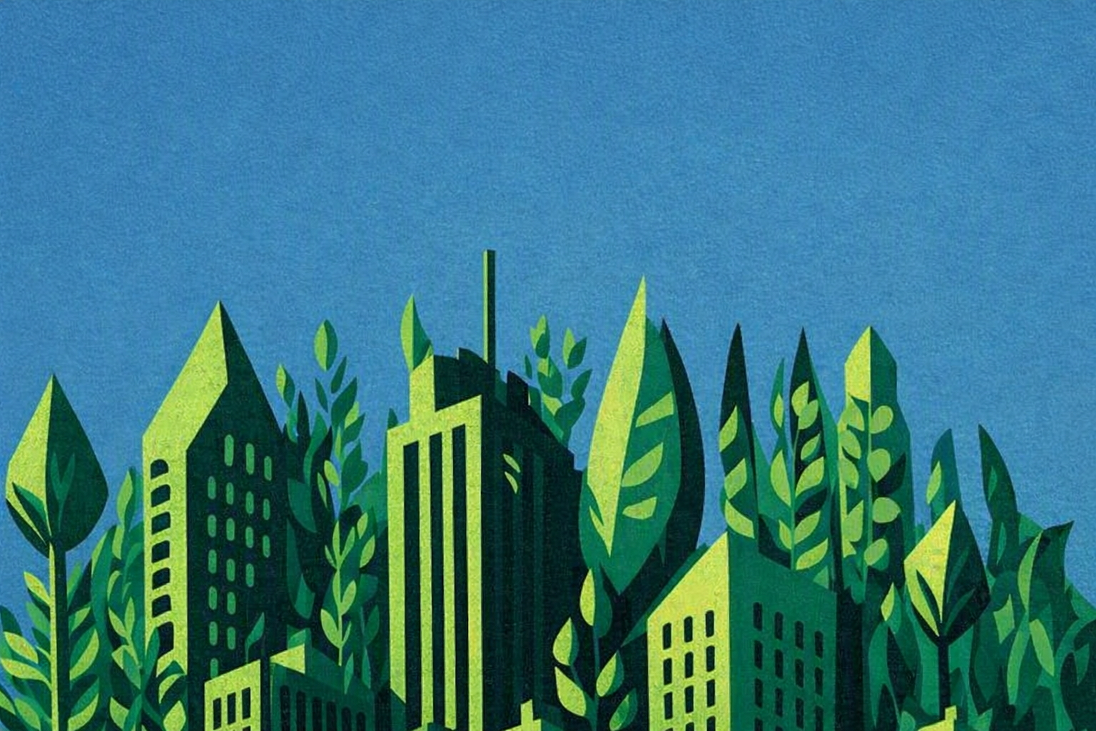 Cropped image from front cover of book Phytopolis showing the tops of tower blocks surrounded by lush, green foliage.
