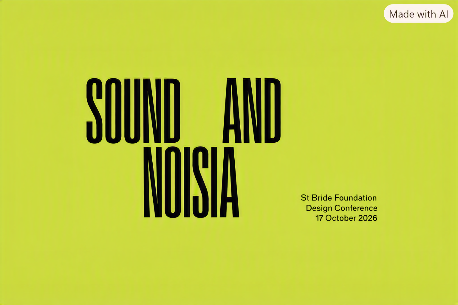 Bright yellow‑green poster with bold black text reading “SOUND AND NOISIA.” Smaller text in the bottom right corner says “St Bride Foundation Design Conference 17 October 2026.”