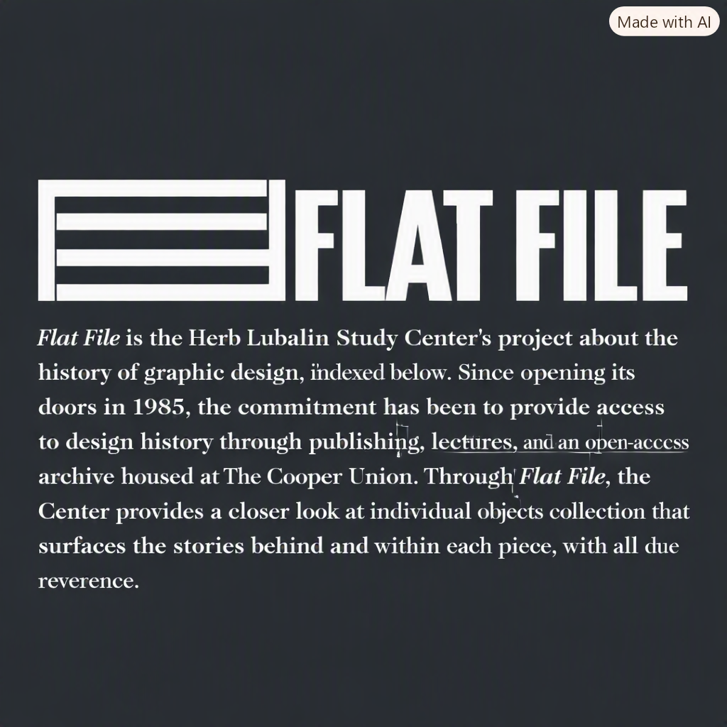 Dark graphic with bold white “FLAT FILE” title and horizontal line logo on the left. Below, a paragraph describes the Herb Lubalin Study Center’s project and archive at The Cooper Union.