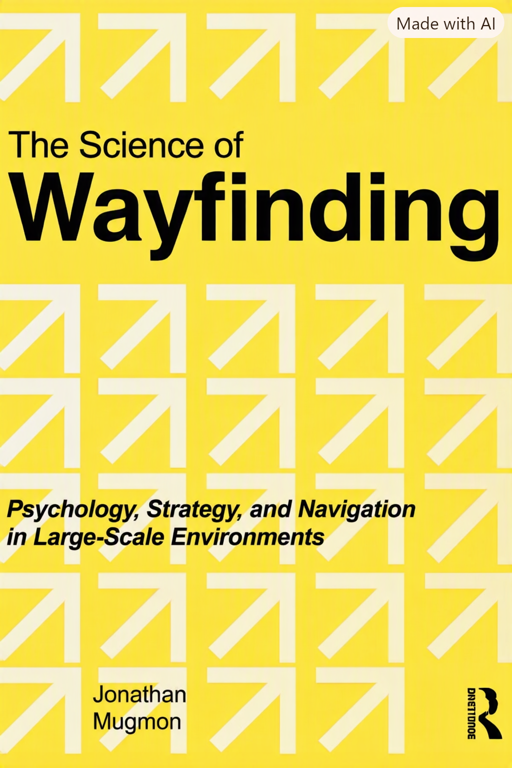 Book cover of “The Science of Wayfinding” by Jonathan Mugmon. Bright yellow background with a grid of white arrows pointing diagonally upward‑right. Black title and subtitle text centered; Routledge logo in the lower right corner.
