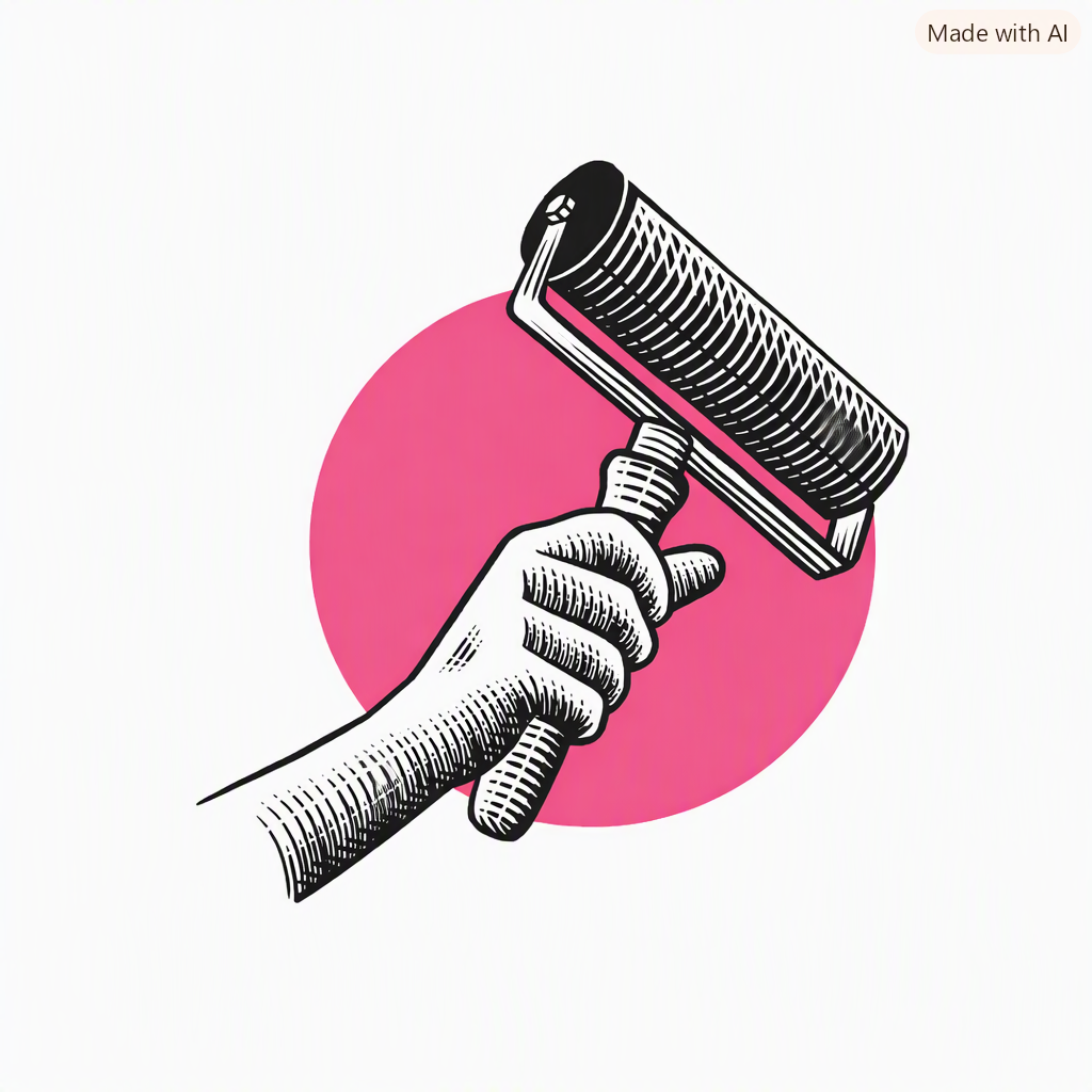 a stylised black hand holding a print roller against a pink circle on a white background
