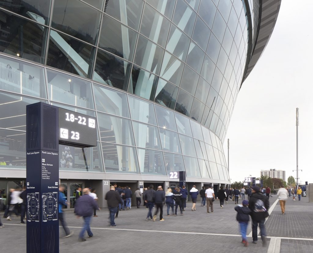External view of the new Tottenham Hotspur Stadium including wayfinding signage by Populous Activate
