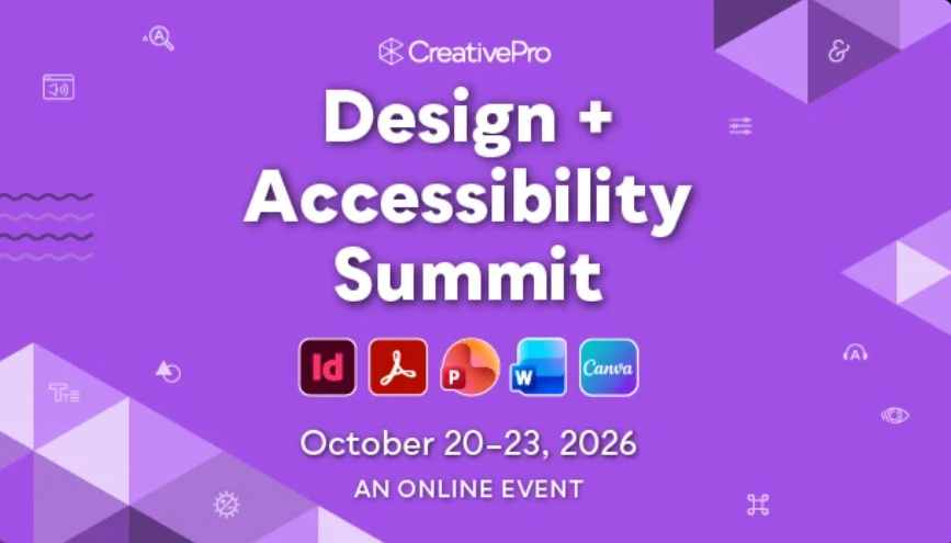 Design + Accessibility Summit graphic with event title, software icons, and dates on a purple background.