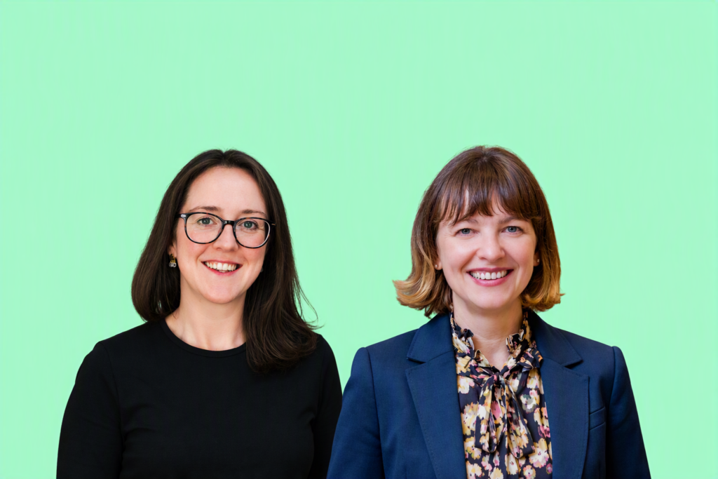 Two seminar women speakers on a mint-green background with clear space above for event title and branding.