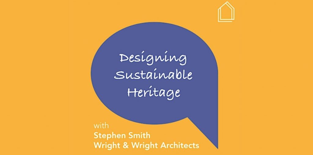 Designing sustainable heritage words in white within a marine blue speech bubble against a buttercup yellow background