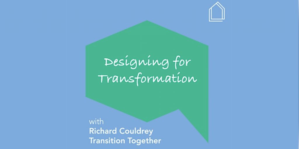Designing for transformation white writing within a mid-green speech bubble against a cornflower blue background.
