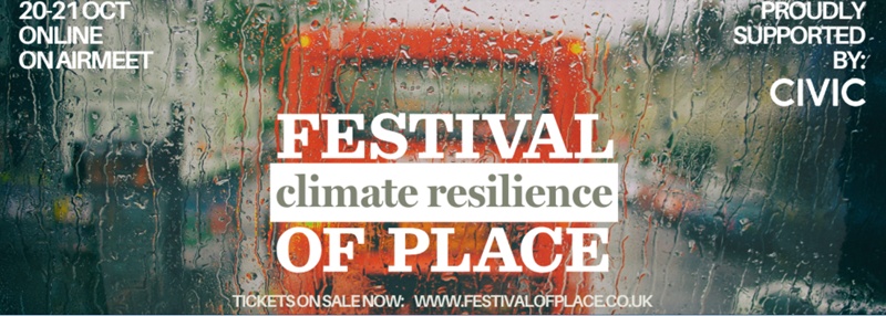 Promotional image for Festival of Place: Climate Resilience 2025 onlin e event on 20-21 October, showing the back end of a London double decker bus viewed through a rainy lens.