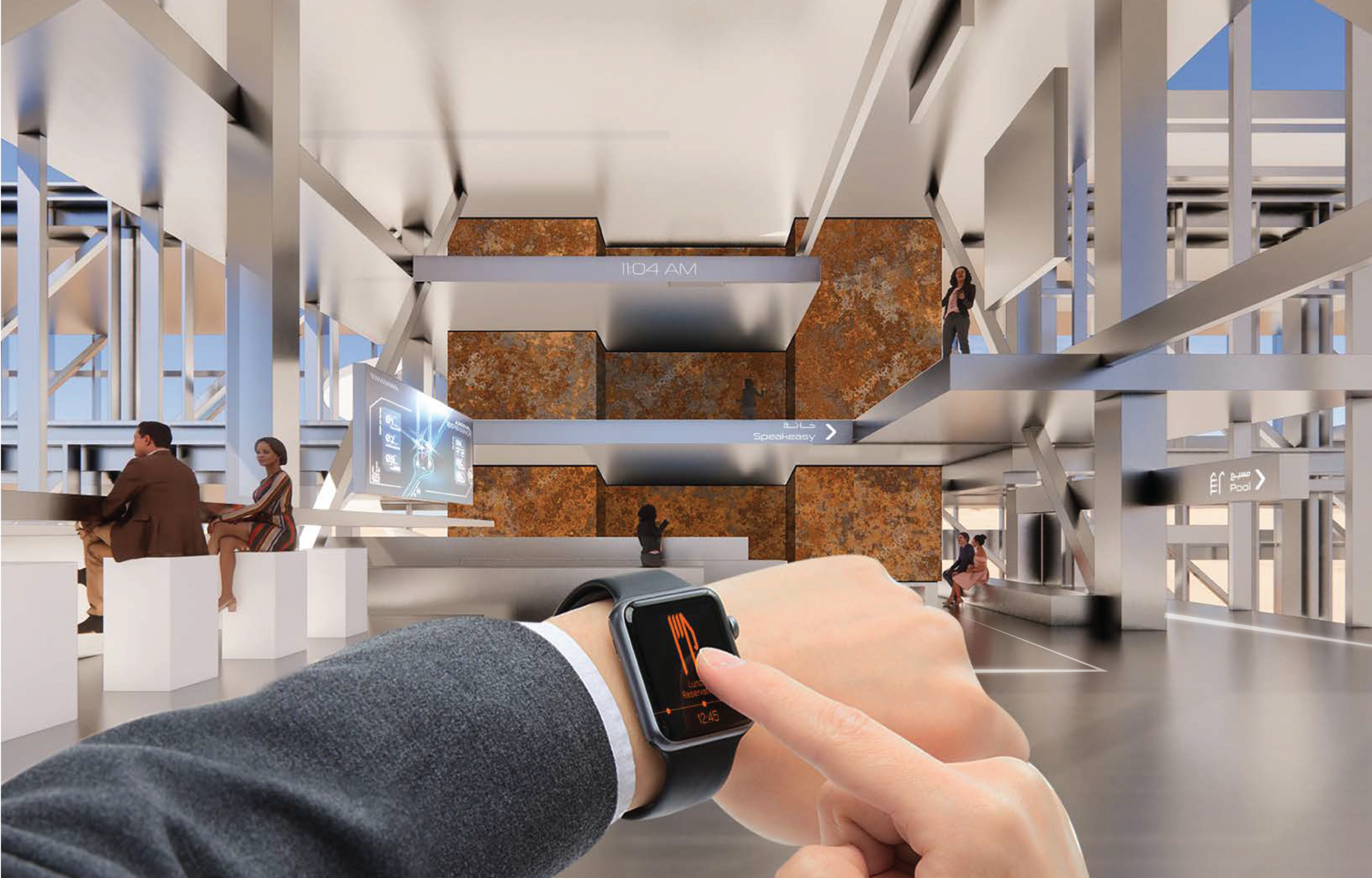 A foreground view of a man's left wrist (with smartwatch) outstretched towards a room looking for wayfinding information.