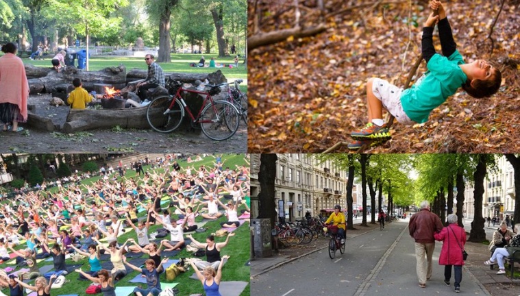Composite image showing clockwise, top left to right: some people sitting around a camp fire in a park; a small child playing on a rope swing; an elderly couple walking along a tree-lined street; and a group of people doing a group exercise session in a park.