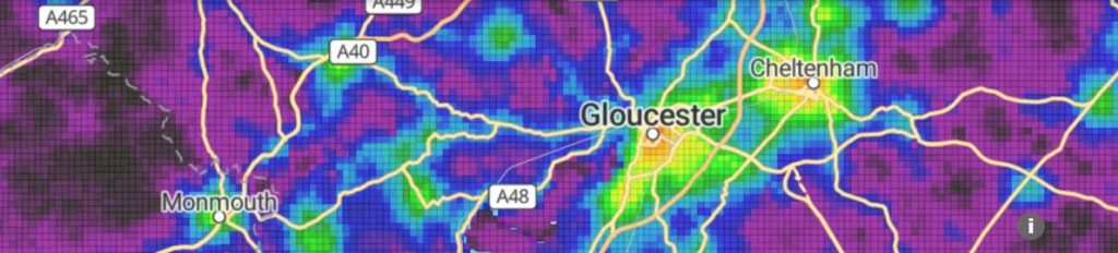 Excerpt of a map showing Gloucester, Cheltenham and Monmouth.