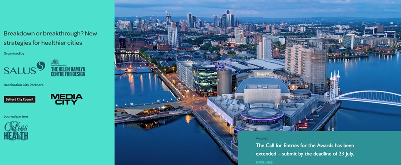 Promotional image for the Healthy Cities Design 2026 conference, showing an aerial shot of Salford Media Centre, Greater Manchester (venue for the event).