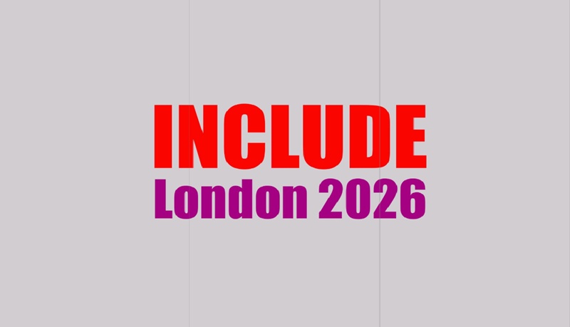 RCA Helen Hamlyn Centre 'INCLUDE London 2026' conference image (red and purple typeface on a mid-grey background)