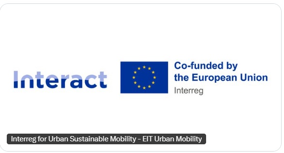 Logo for Interact and the European Union’s Interreg programme. The word “Interact” appears in blue on the left. To the right is the EU flag with the text “Co-funded by the European Union – Interreg.” Below, a caption reads “Interreg for Urban Sustainable Mobility – EIT Urban Mobility.