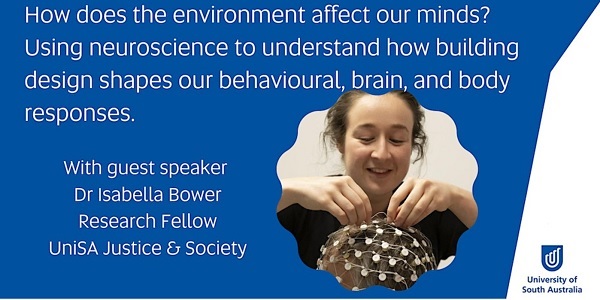 Image to promote talk on how the environment affects our minds, showing speaker / researcher Isabella Bowers fitting a 'neuro' cap onto the head of a research participant