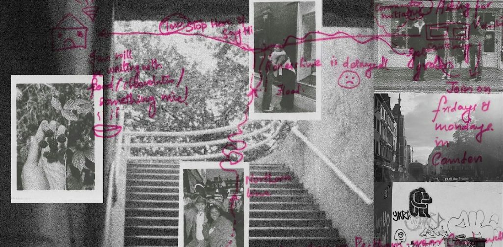 A composite of black & white yesteryear photos including one showing someone's hand cupping blackberries (still on the stem), with pink writing and doodles superimposed over it.