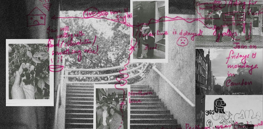 A composite of black & white yesteryear photos including one showing someone's hand cupping blackberries (still on the stem), with pink writing and doodles superimposed over it.