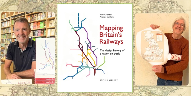 Three‑panel image showing the authors of “Mapping Britain’s Railways,” the book cover, and a large railway map.