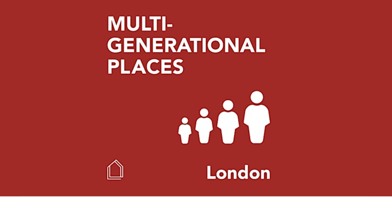 Image to promote Multi-Generational Places seminar showing four pictogram to demonstrate a person at different stages of their life.