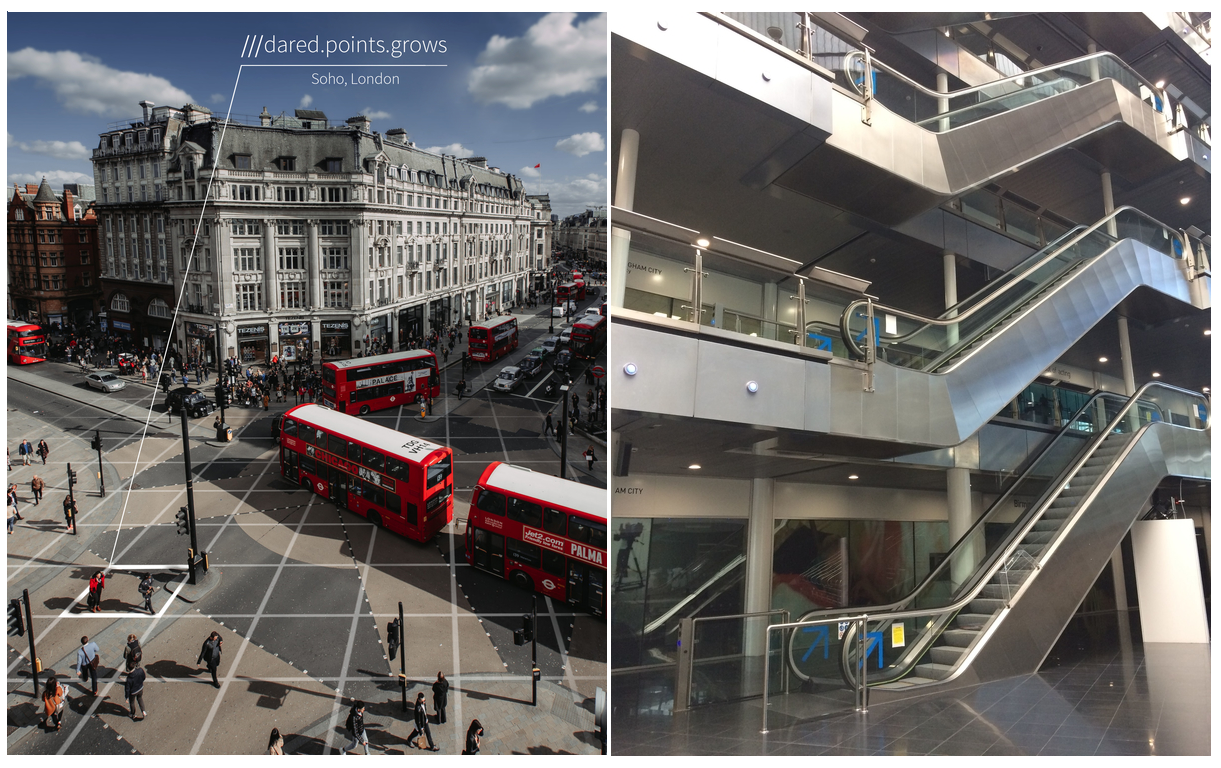 Image demonstrating What3Words usage in Piccadilly Circus (London), and a view of an escalator in a modern building