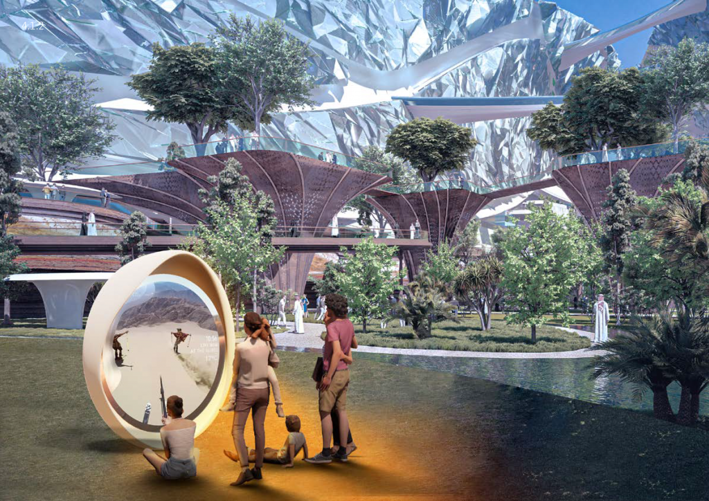 A family standing in the foreground of a futuristic area, with trees, buildings and mountains in the background.