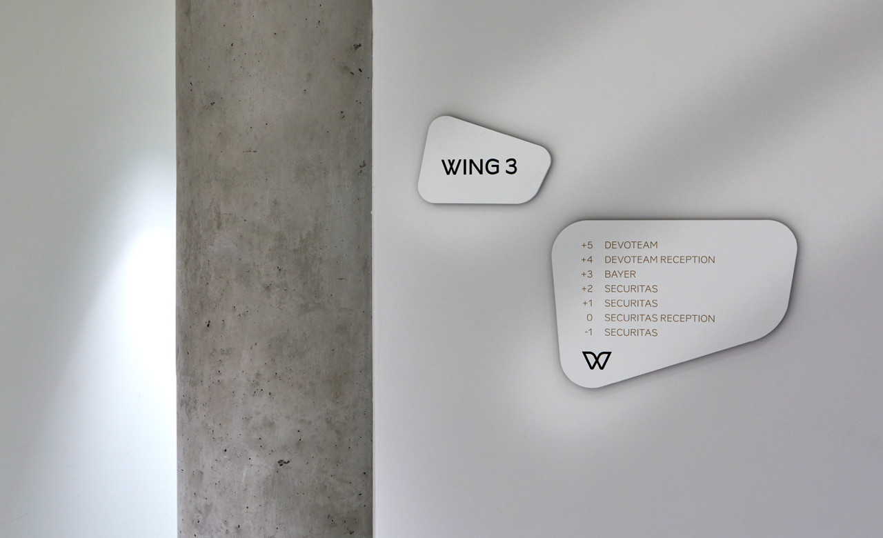 Examples of shaped wayfinding strategy signage for The Wings (Belgium) designed by Signburo