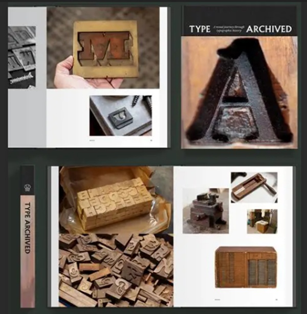 A composite image showing our pages from Type Archived by Richard Ardagh, including the front cover page