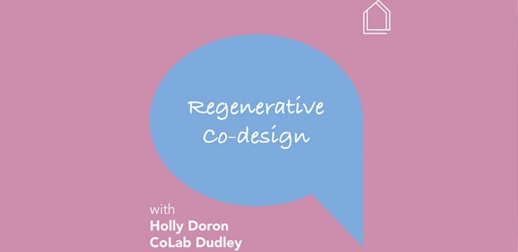 The words 'regenerative co-design' written in white within a mid-blue speech bubble on a bubblegum pink background
