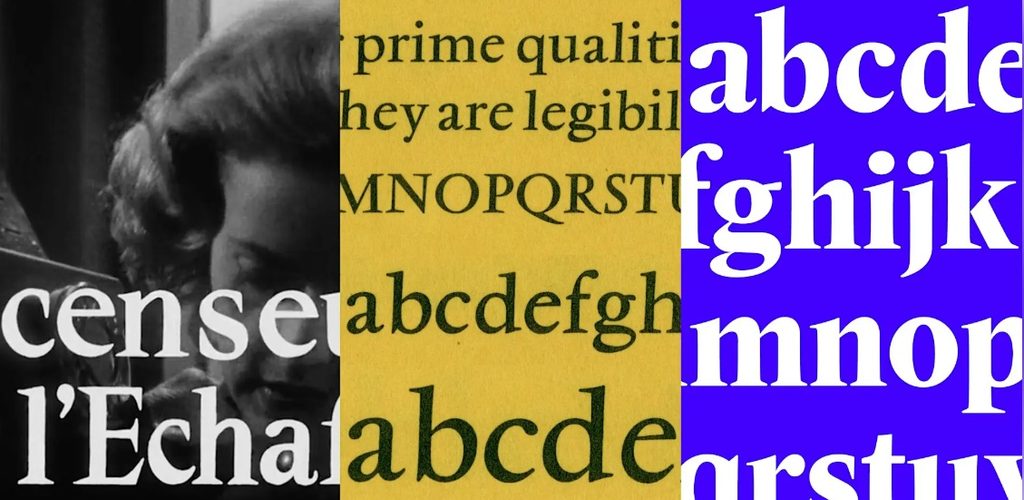Three side‑by‑side serif type specimens in black‑and‑white, yellow, and blue panels.