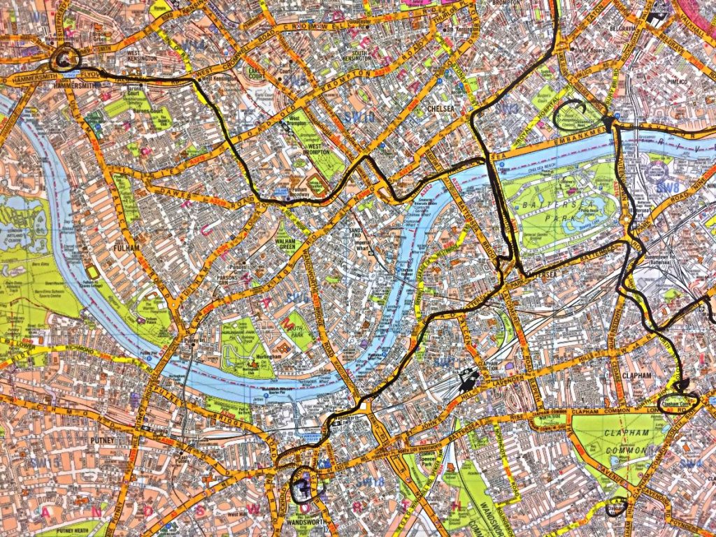 Map of central area of London showing routes (marked in different colours) taken by London Black Cab drivers