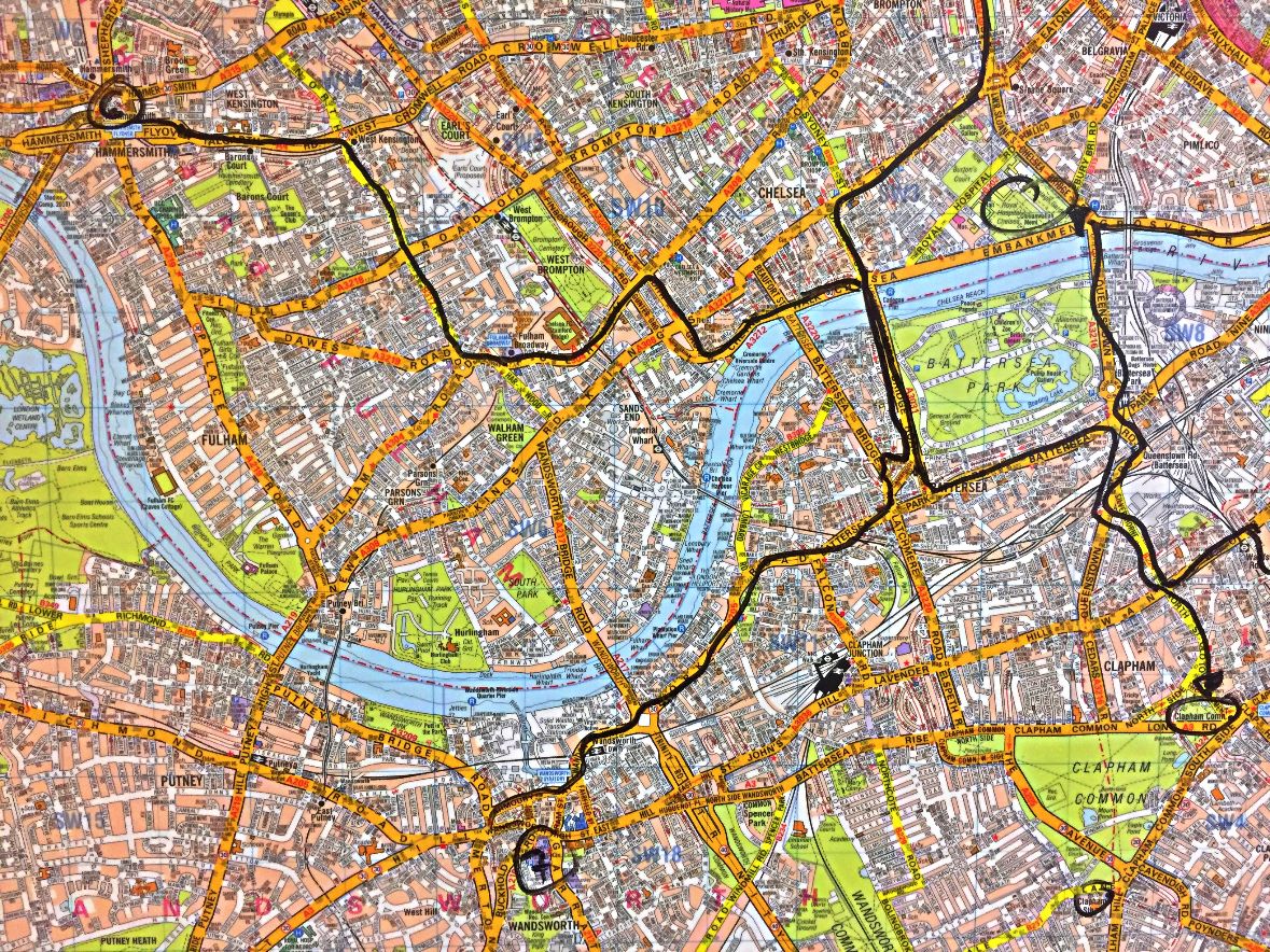 Map of central area of London showing routes (marked in different colours) taken by London Black Cab drivers