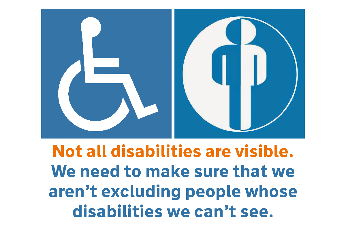 Two signs, one showing a person in a wheelchair, the other showing a standing person who could have invisible disabilities.
