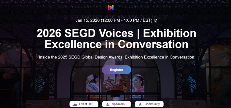 Promotional image for 2026 SEGD Voices webinar on 15 January '26 (12pm-1pm EST)