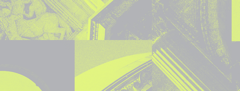 Composite image showing architectural structures coloured green to grey.