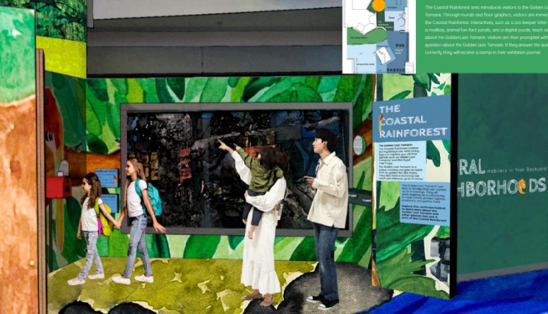 Two tween girls, a mother and her toddler, and another person in an indoor, immersive exhibition environment space
