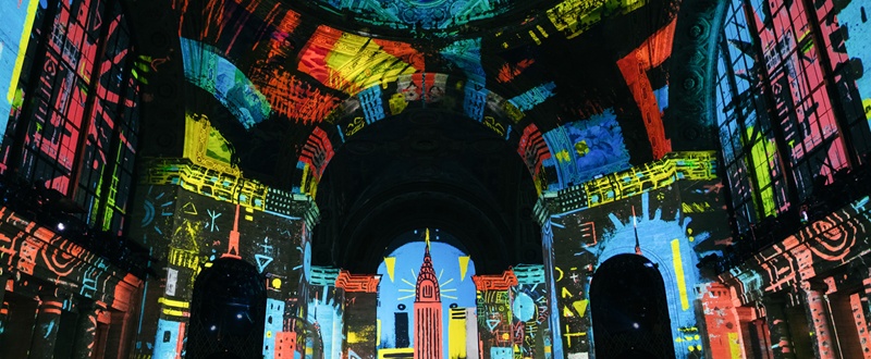 Painting: Colourful geometric light projections illuminate vaulted interior of a grand hall
